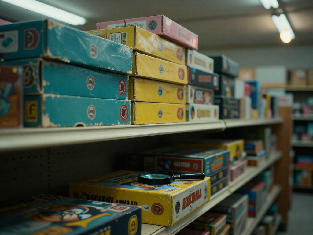A thrift store shelf with worn board games and a magnifying glass.