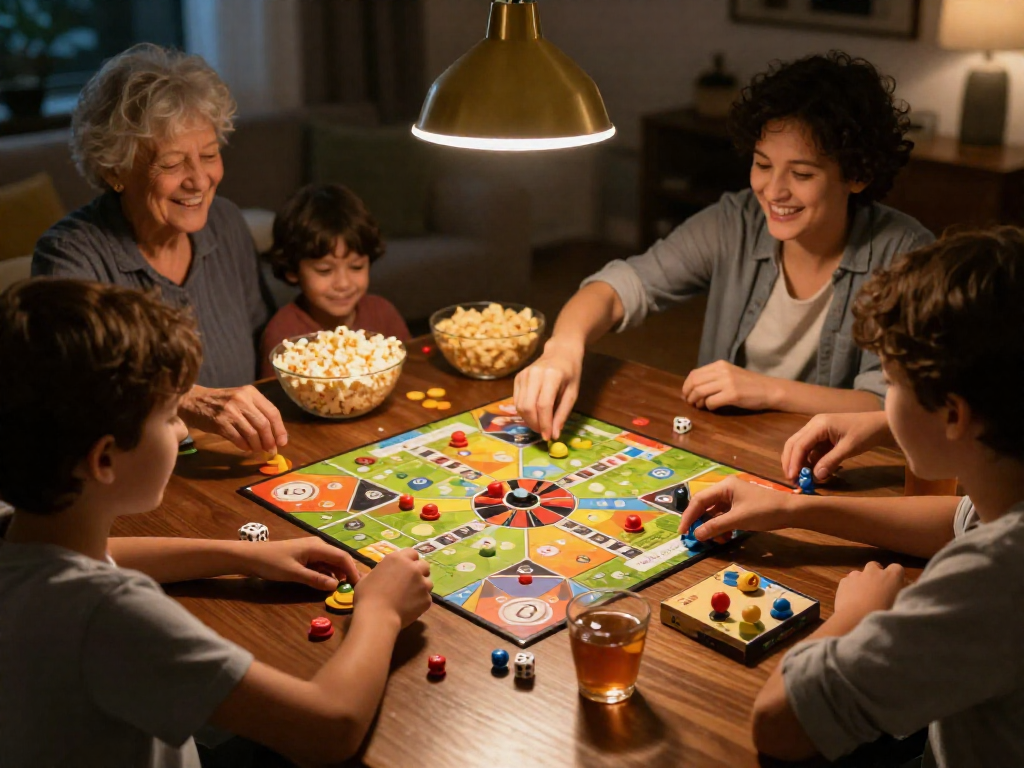 A family laughing while playing a board game at a cozy home table.