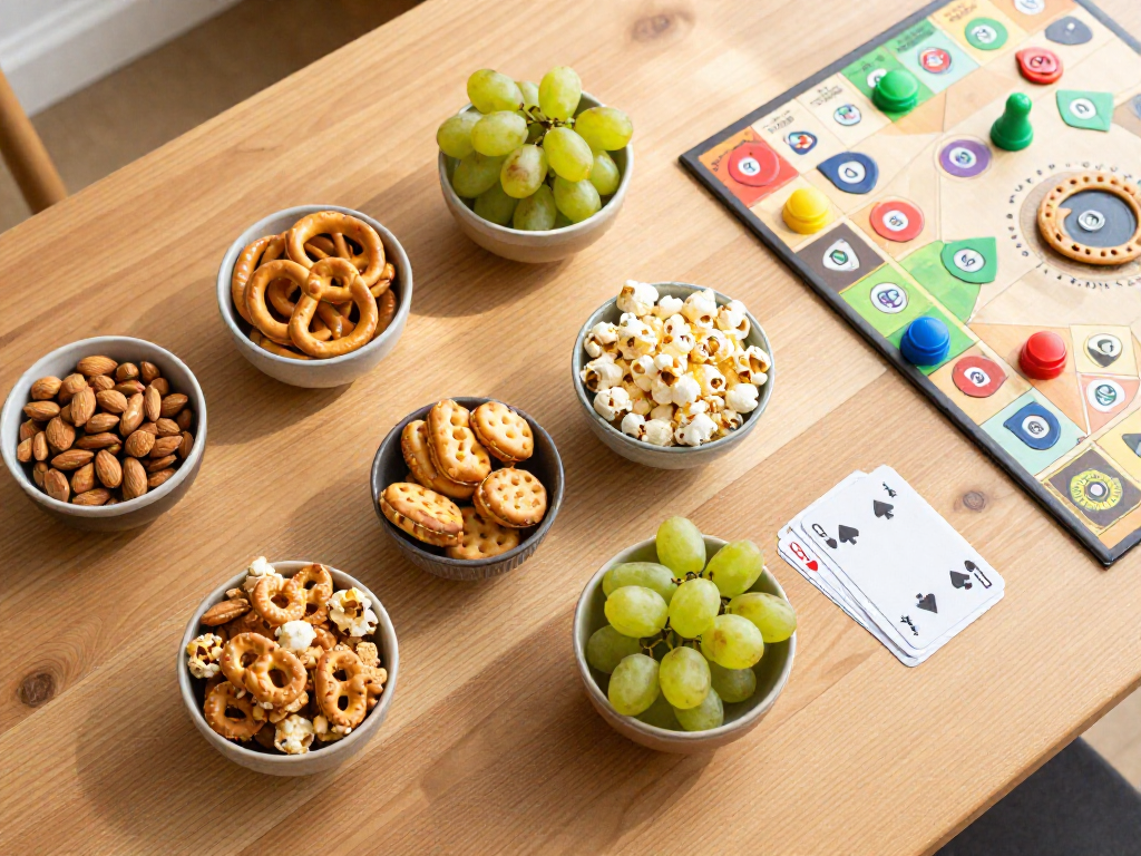 Overhead view of mess-free snacks in small bowls beside a board game and playing cards on a wooden table