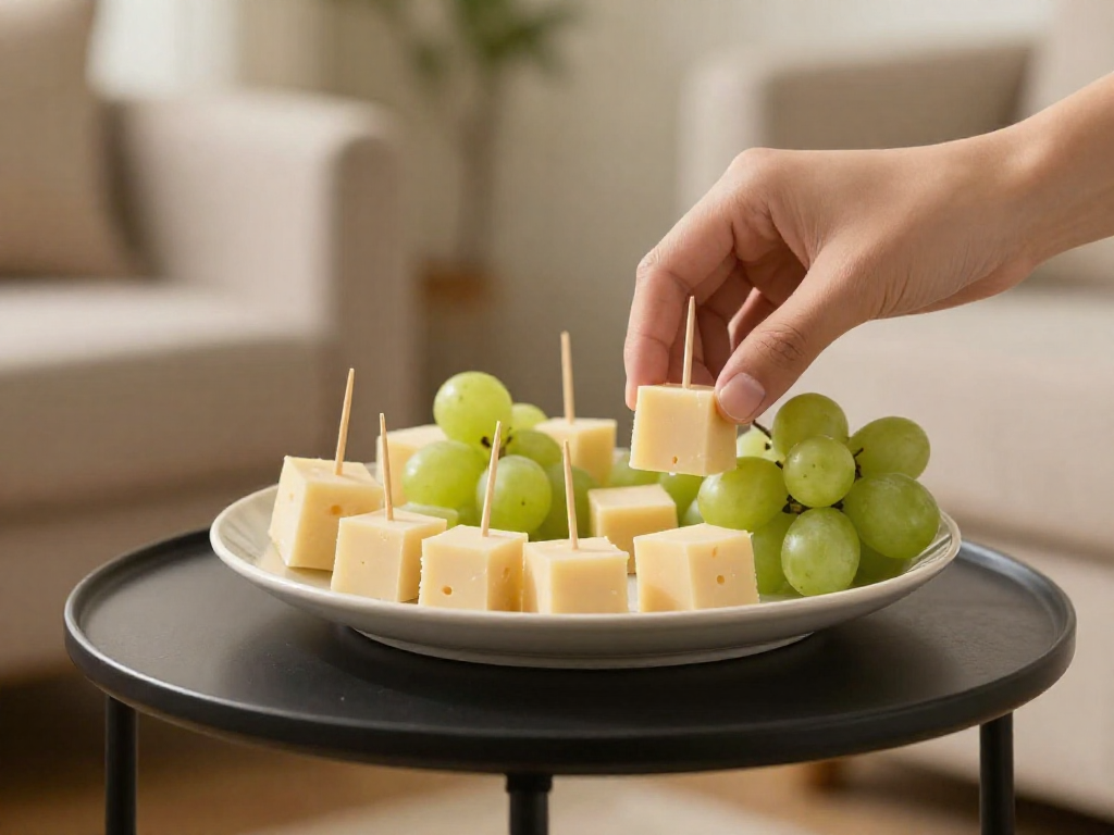 Cheese cubes and grapes served on toothpicks on a plate at a side table