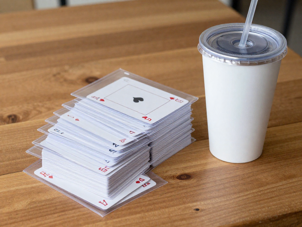 Playing cards in protective sleeves next to a spill-proof lidded cup on a game table
