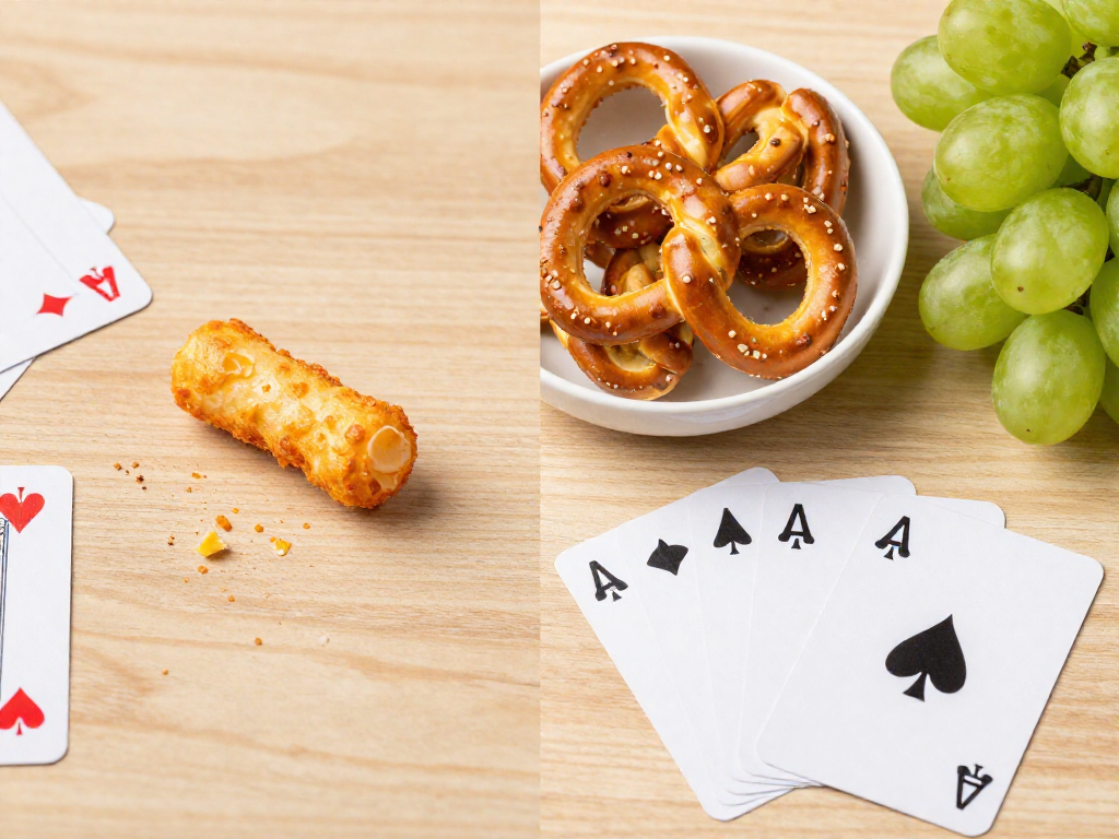 Comparison of a greasy messy snack versus a clean dry snack next to playing cards
