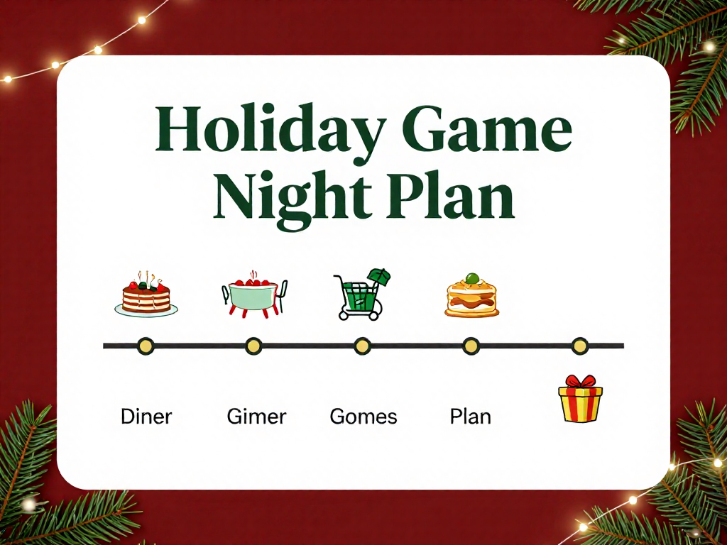 Vertical Pinterest pin showing a Holiday Game Night Plan with an hour-by-hour timeline and festive icons