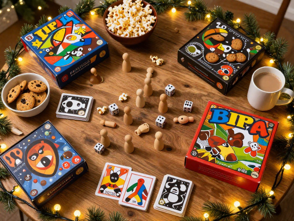 Overhead flat-lay of a holiday game night setup with generic board games, snacks, and cocoa on a wooden table