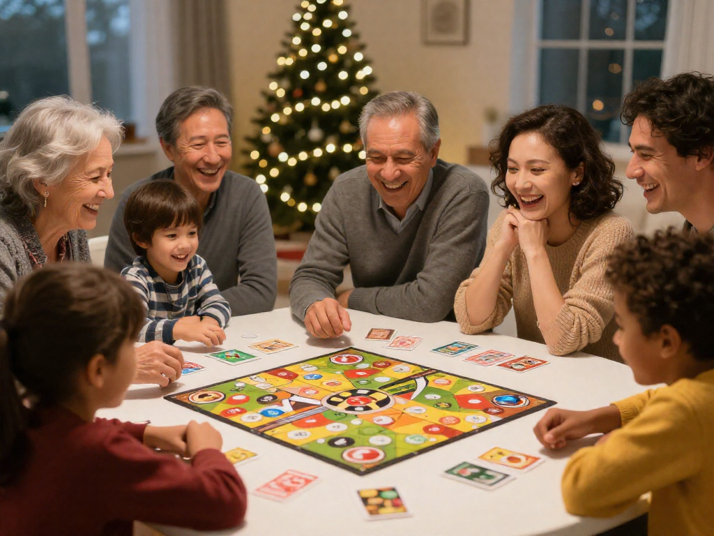 Multi-generational family laughing together around a table while playing a board game during the holidays