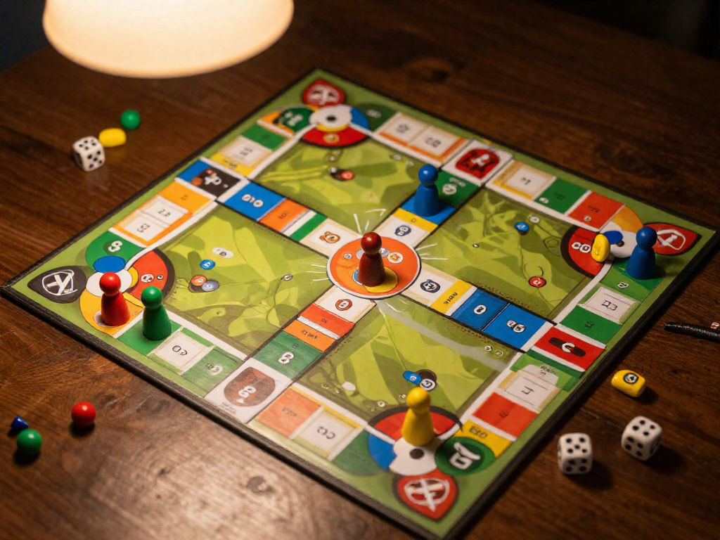 A colorful board game score track along the edge of a game board with four wooden player markers in red, blue, green, and yellow at different positions.