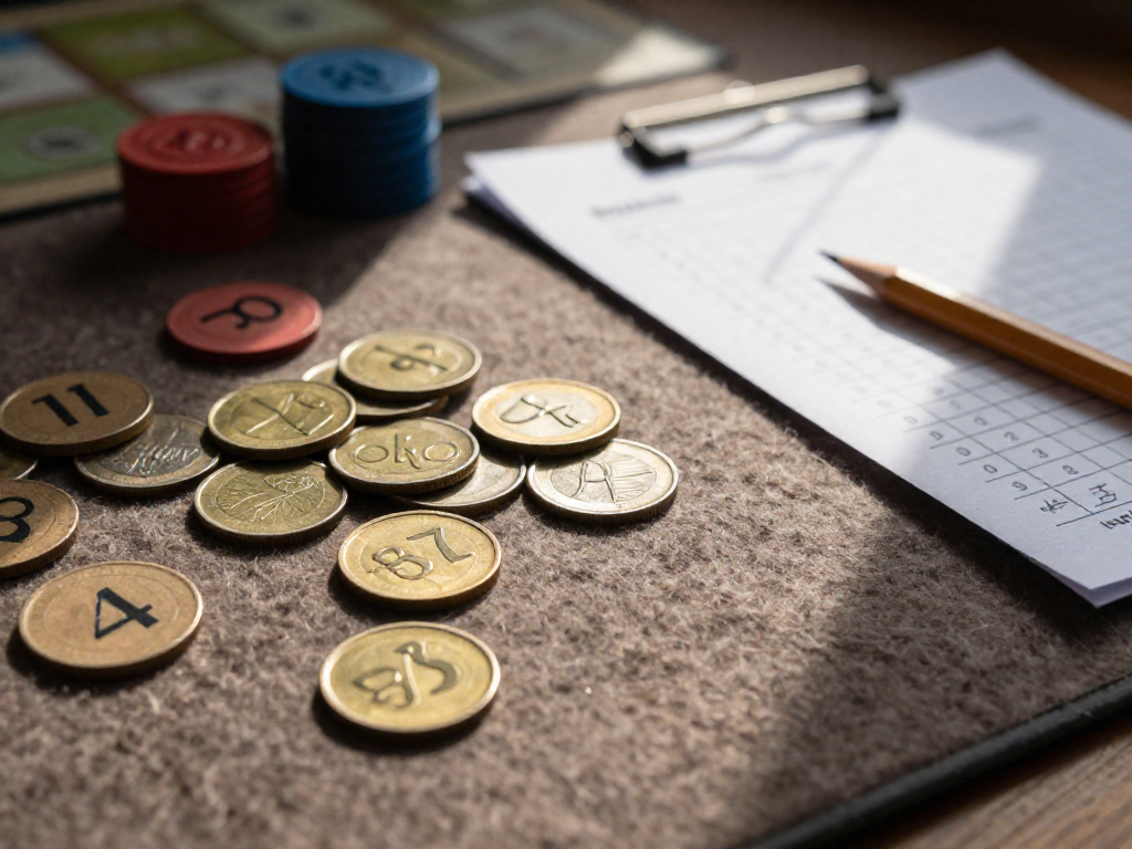 A close-up of board game victory point tokens and metal coins beside a score sheet with pencil marks.