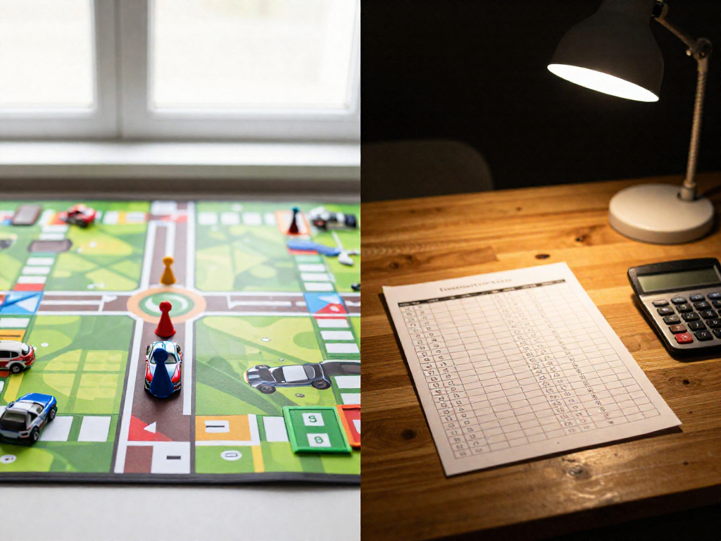 A split image showing a board game race track with a car meeple near the finish line on the left, and on the right, a game score pad with tallied points.
