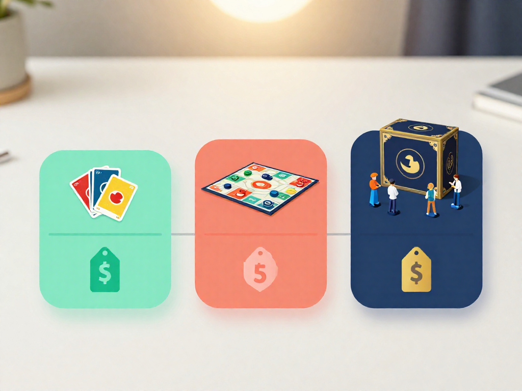 An infographic illustration showing three tiers of board games: a small card game, a medium board game with pieces, and a large game with detailed miniatures, arranged from left to right with abstract price indicators to represent budget, mid-range, and premium cost levels.