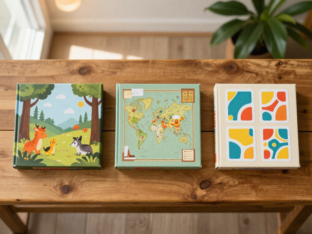 A top-down view of three colorful board game boxes on a wooden shelf, accompanied by a small handwritten-style tag. The boxes have animal, map, and pattern designs, representing an affordable starter set of family games.