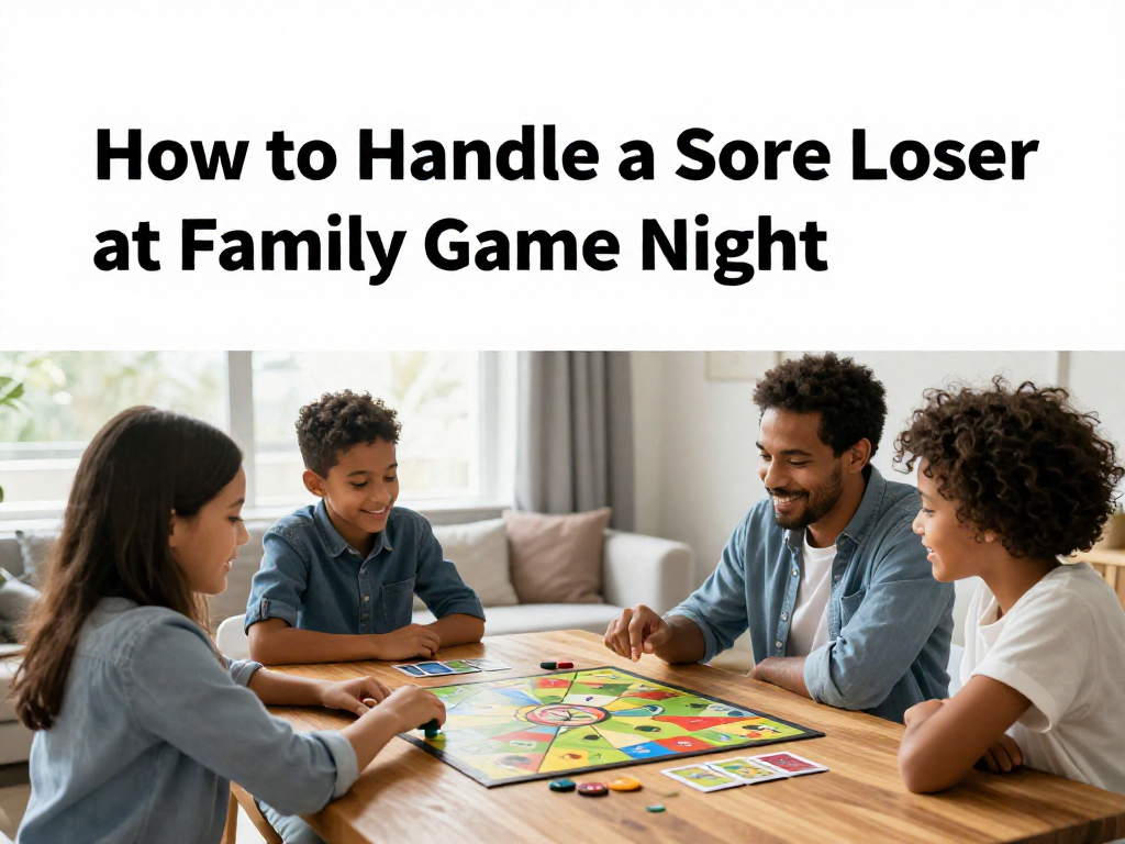 Pinterest pin titled How to Handle a Sore Loser at Family Game Night showing a family playing a board game together