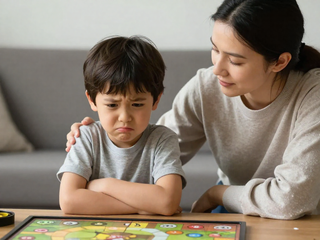 A frustrated child at a board game with a calm parent kneeling beside them offering comfort