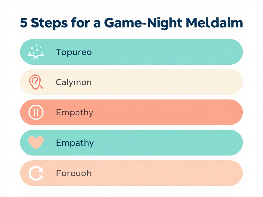 Infographic showing five in-the-moment steps to handle a game-night meltdown