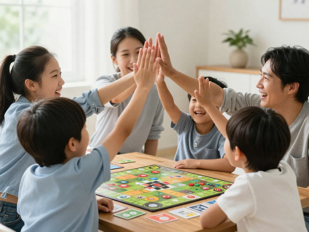 A family giving high-fives and celebrating good sportsmanship after a board game