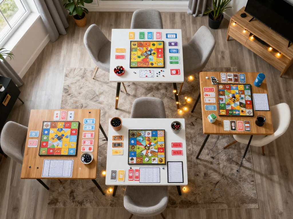 Overhead view of a living room arranged with three game-night play pods, each table set with board games and seating