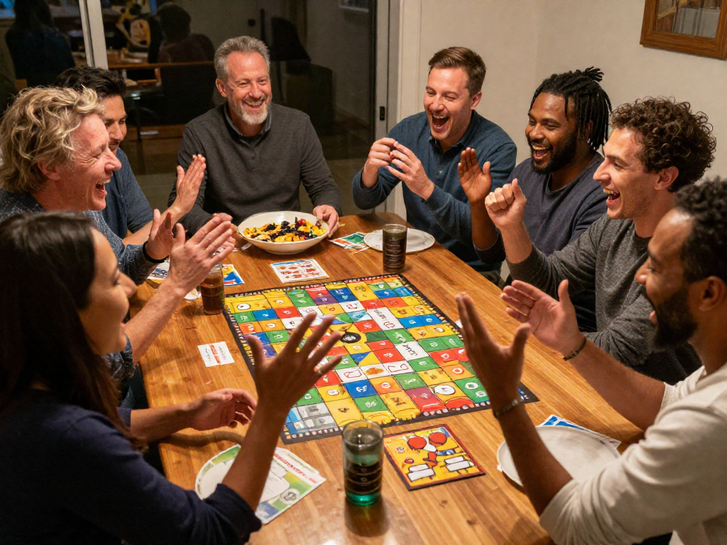 A group of eight friends laughing together around a table while playing a party board game