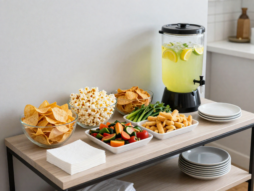 A tidy snack station with chips, veggies, finger foods, and a drink dispenser set up away from the game area
