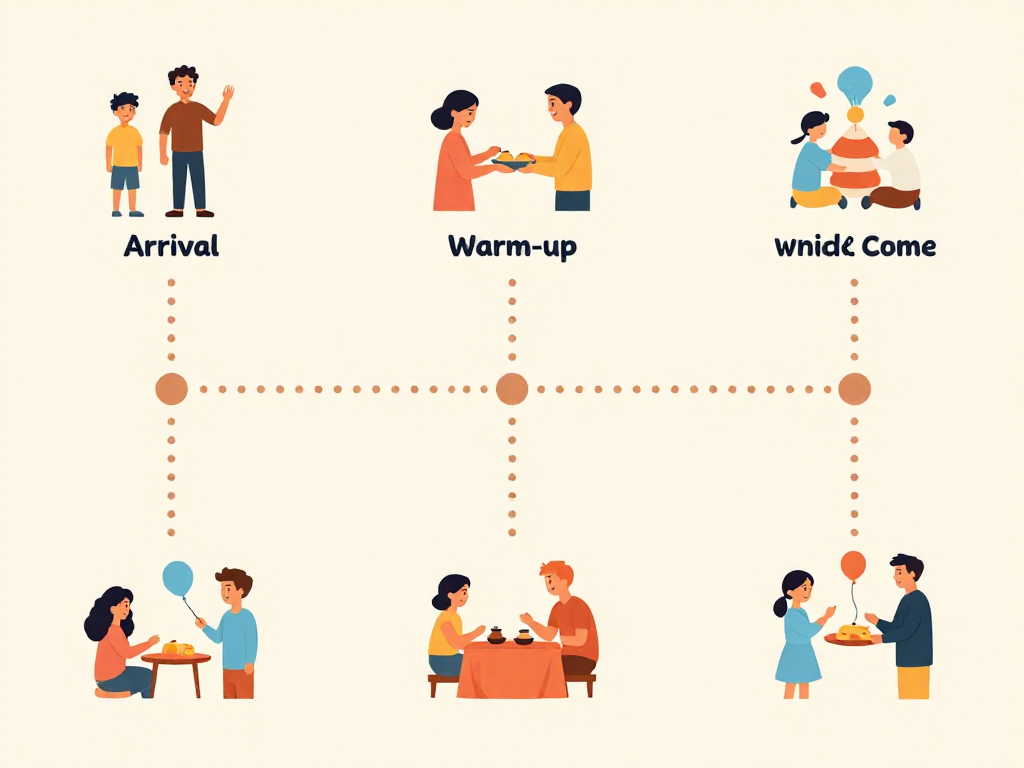Vertical timeline graphic illustrating the flow of a game night from arrival to wind-down
