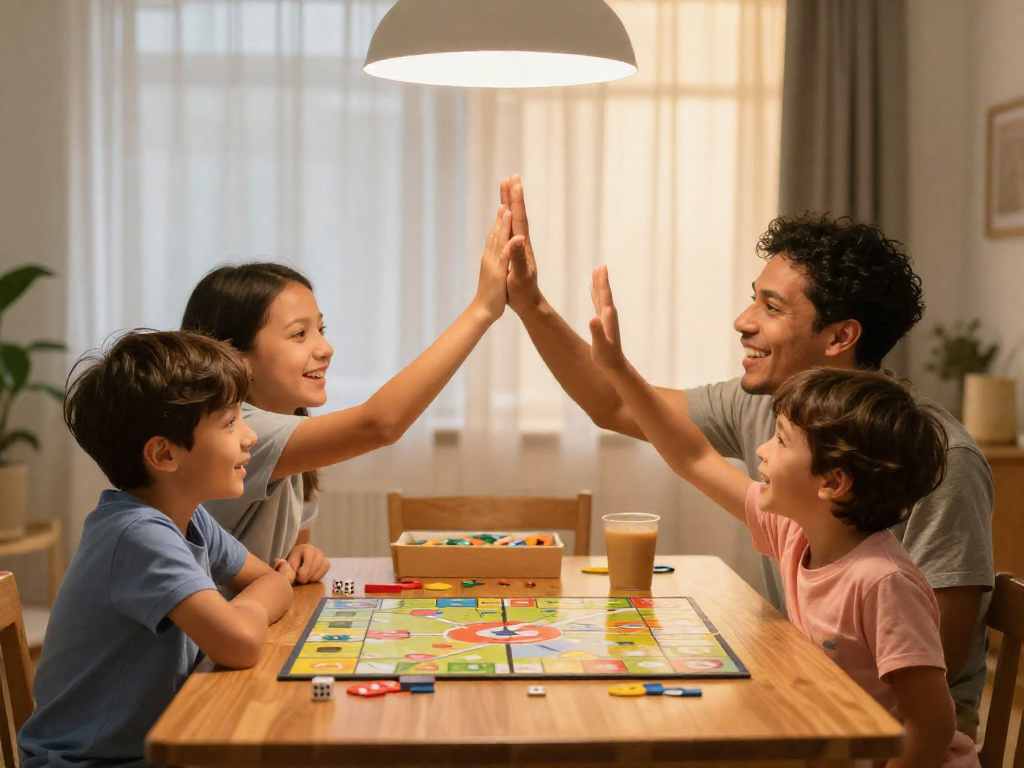 A smiling family with young children enjoying a board game around a dining table, laughing and high-fiving.