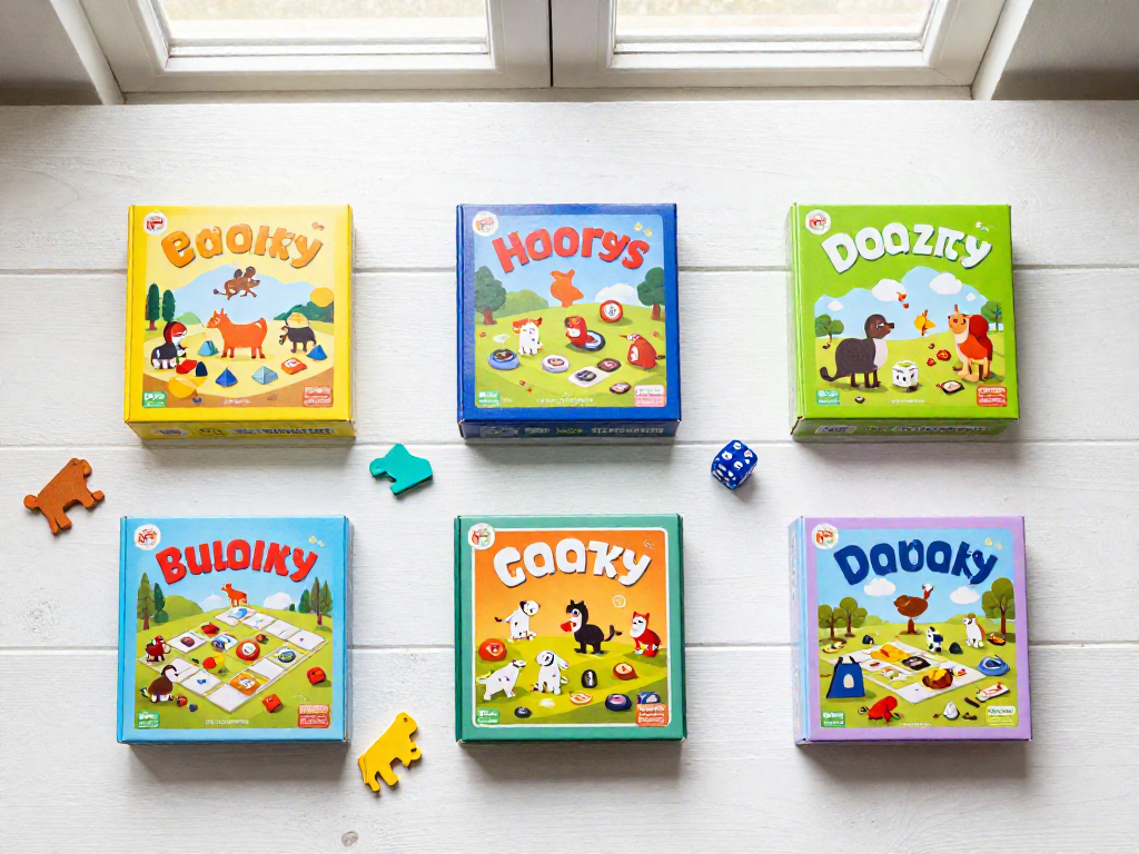 A top-down view of several children's board game boxes arranged by age, with colorful game pieces scattered around.