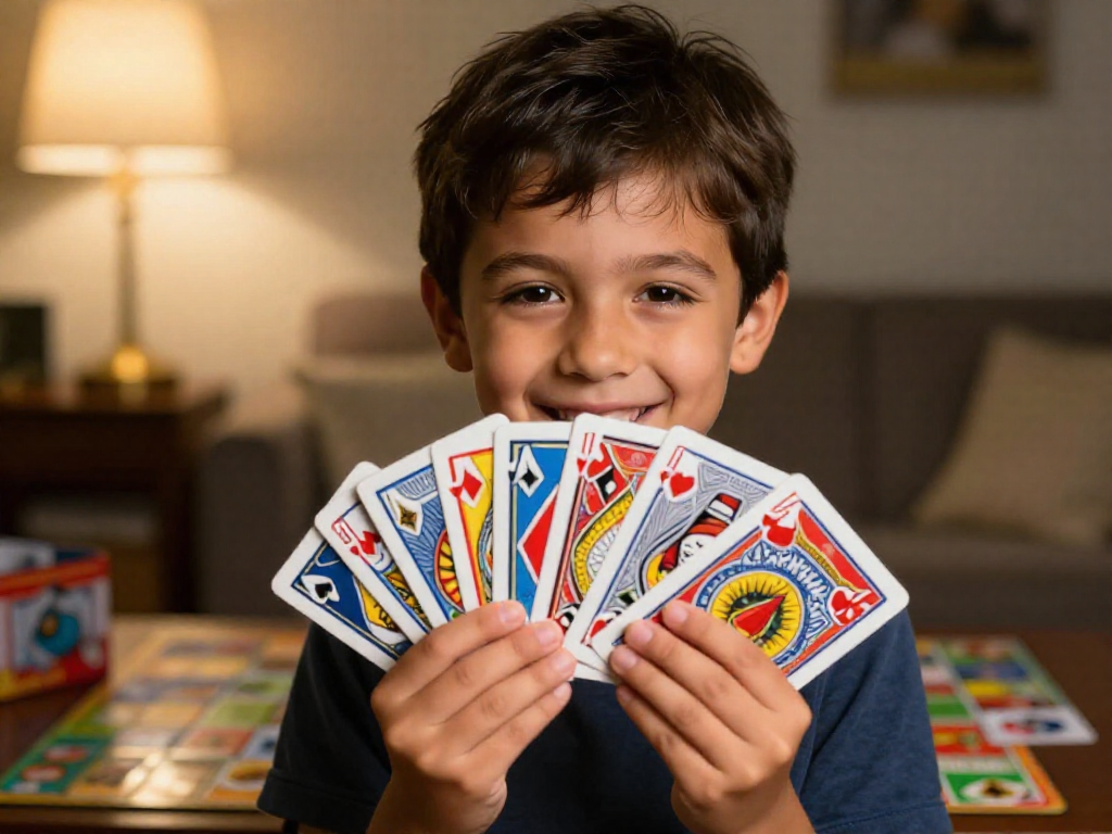 A young child smiling proudly while holding a fan of playing cards, acting as the card dealer during a game.