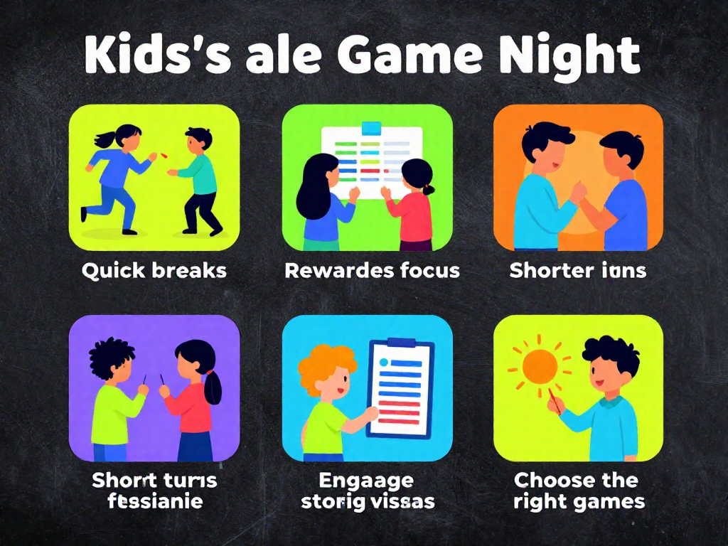 A graphic pin with five illustrated icons representing tips to keep kids focused during family game night.
