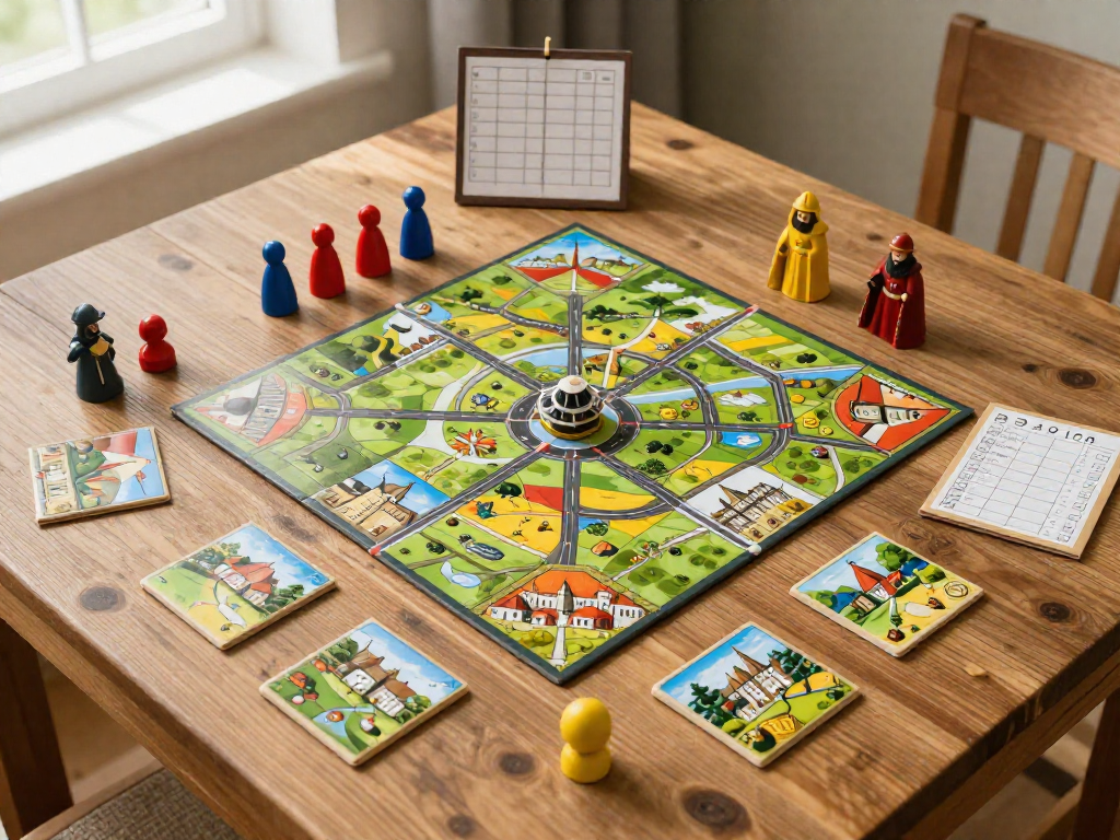 Top-down view of a Carcassonne board game on a wooden table, showing tiles, colored wooden meeples, and a scoreboard.