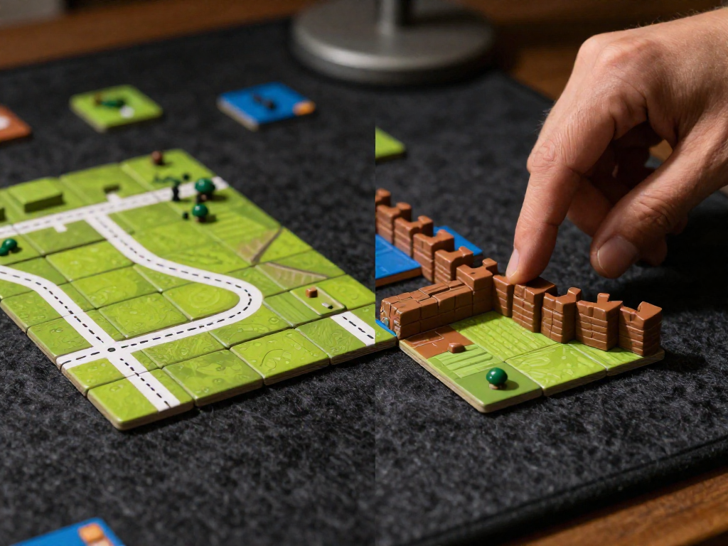 Close-up of Carcassonne tiles showing a correct edge match on the left and an incorrect mismatch on the right, with a hand nearby.