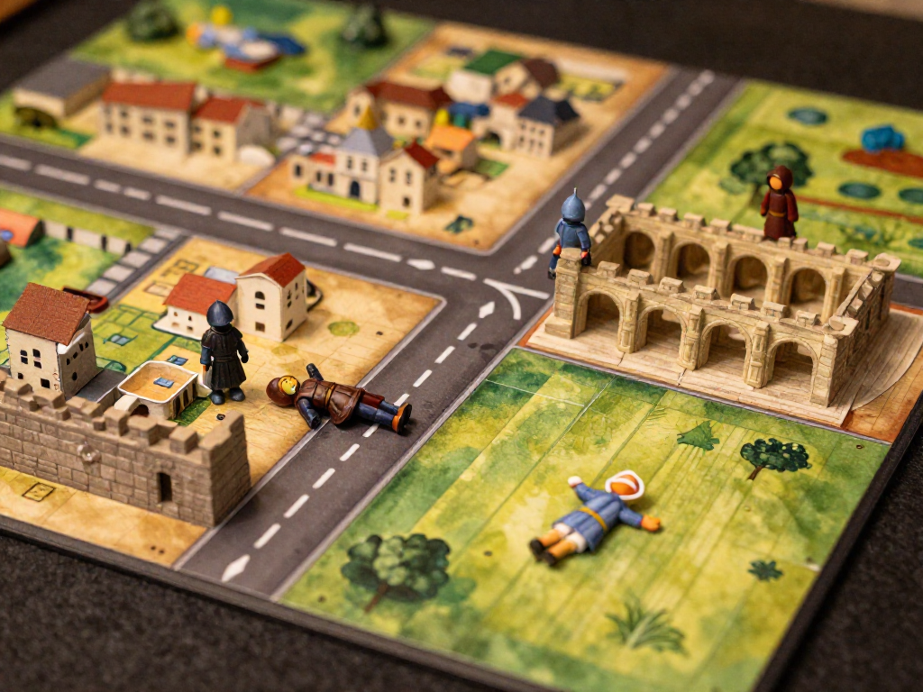 A segment of a Carcassonne game board with a knight meeple on a city, a robber on a road, a monk on a cloister, and a farmer in a field.