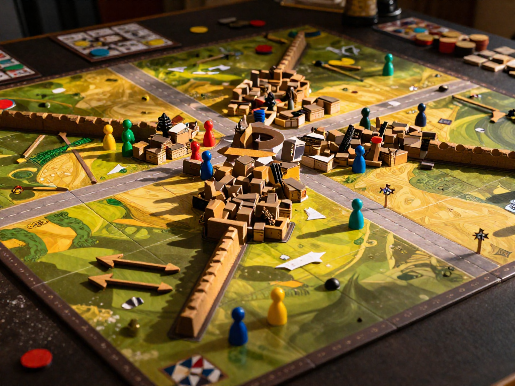 A completed Carcassonne city and road with meeples and visual scoring indicators like arrows and stars.
