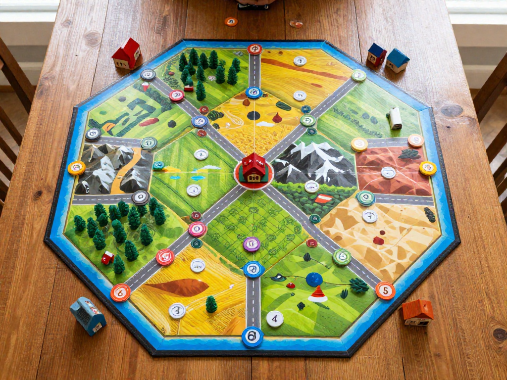 Overhead view of a fully set up hexagonal resource-management board game with terrain hexes, number tokens, and colorful wooden pieces