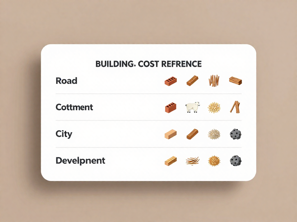 Build cost cheat sheet showing resource costs for road, settlement, city, and development card