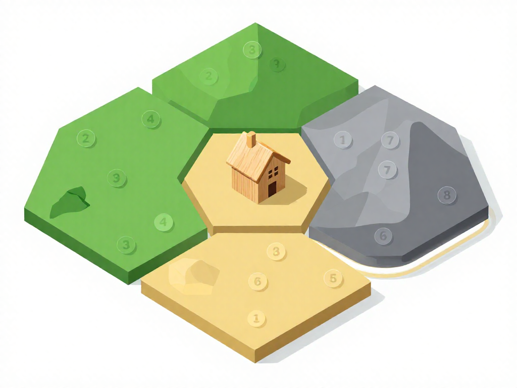 Diagram showing a strong opening settlement placed at a corner touching three different resource hexes