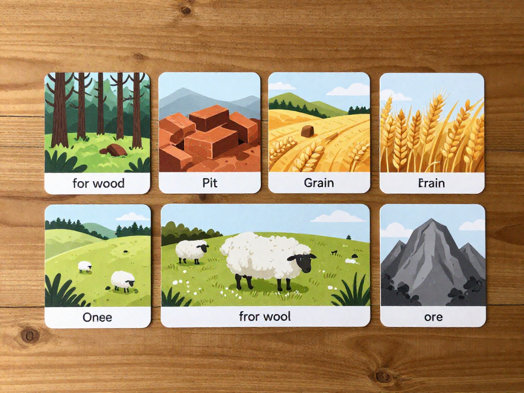 Flat-lay of the five resource cards labeled wood, brick, grain, wool, and ore
