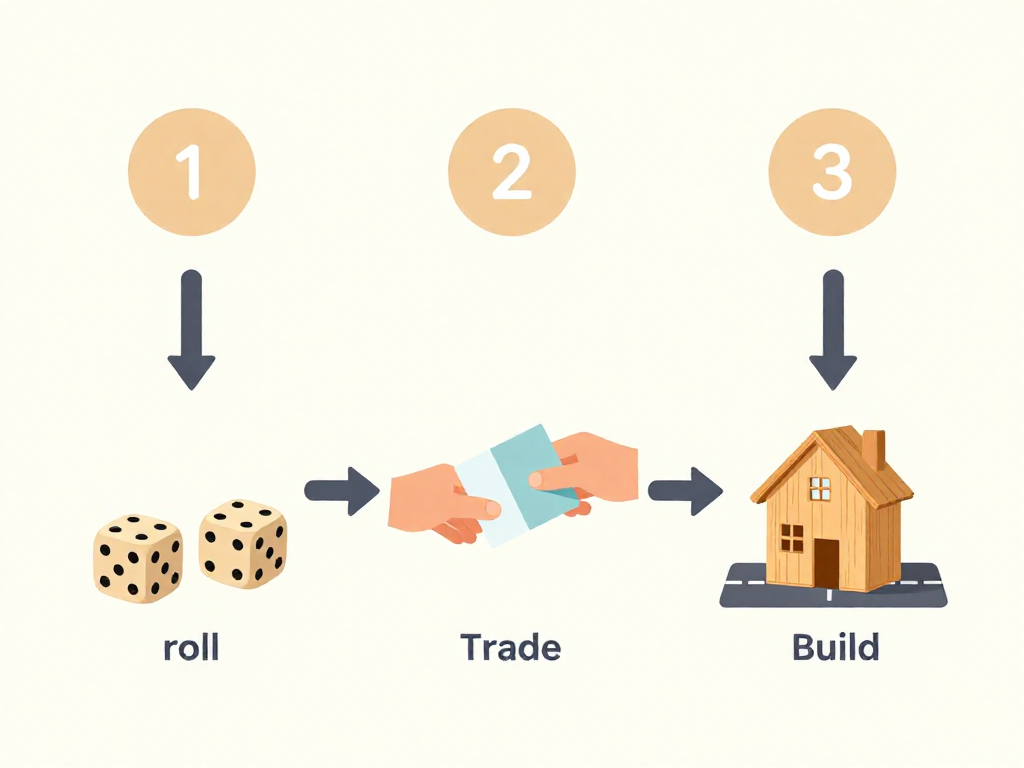 Infographic showing the three steps of a turn: roll dice, trade resources, then build