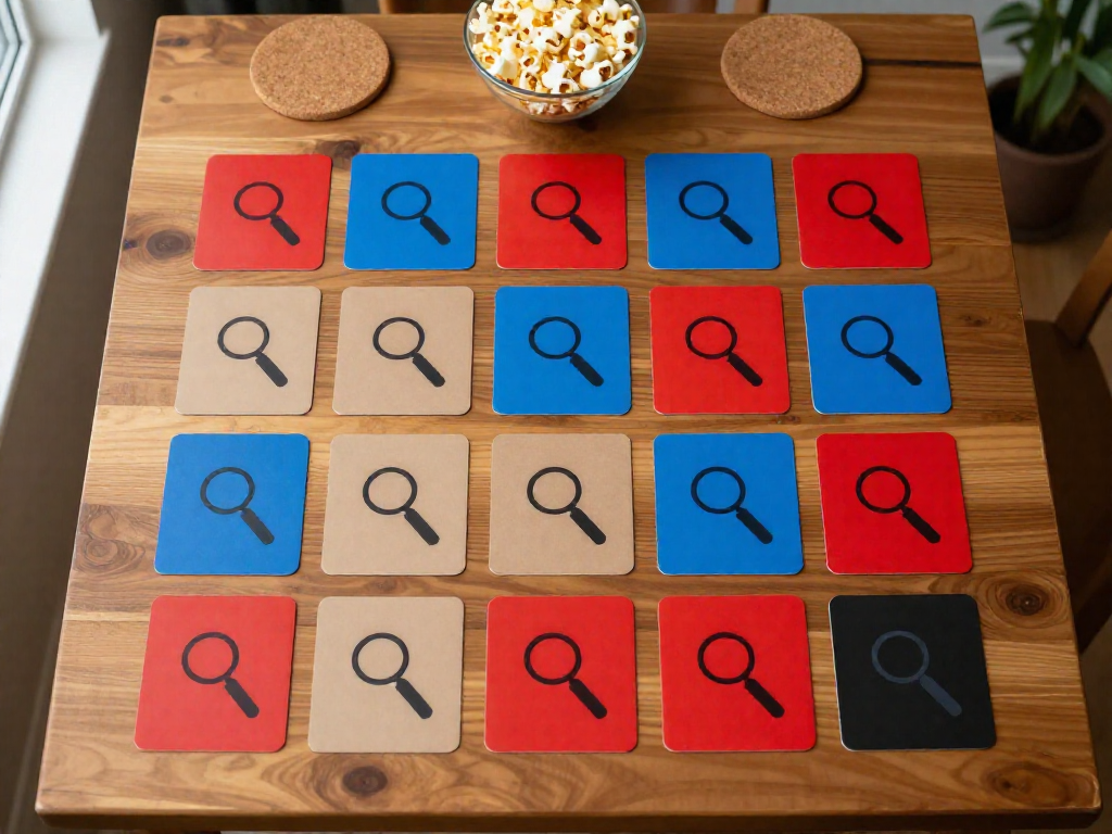 Overhead view of a 5 by 5 grid of color-coded spy-themed cards on a wooden table, representing a Codenames game setup.
