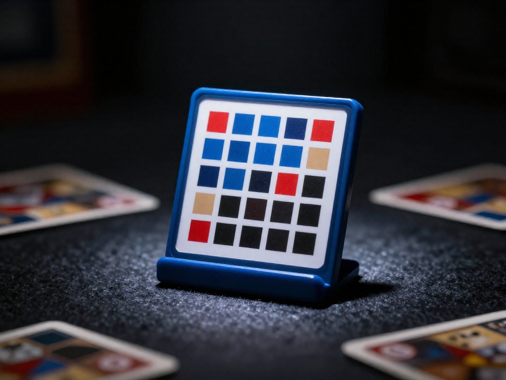 Close-up of a Codenames key card in a stand, showing a 5 by 5 grid of red, blue, tan, and black squares with a blue border, indicating the starting team.