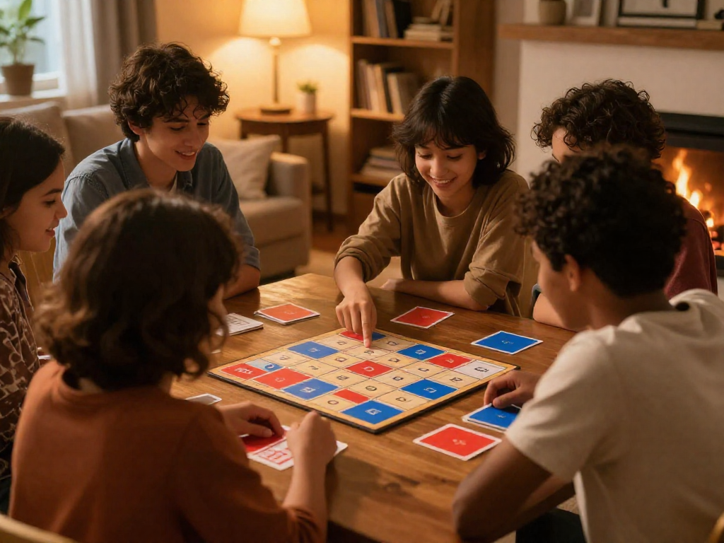 A family gathered around a table playing a color-coded word-guessing game, with one person pointing to a card on the grid, in a cozy living room setting.