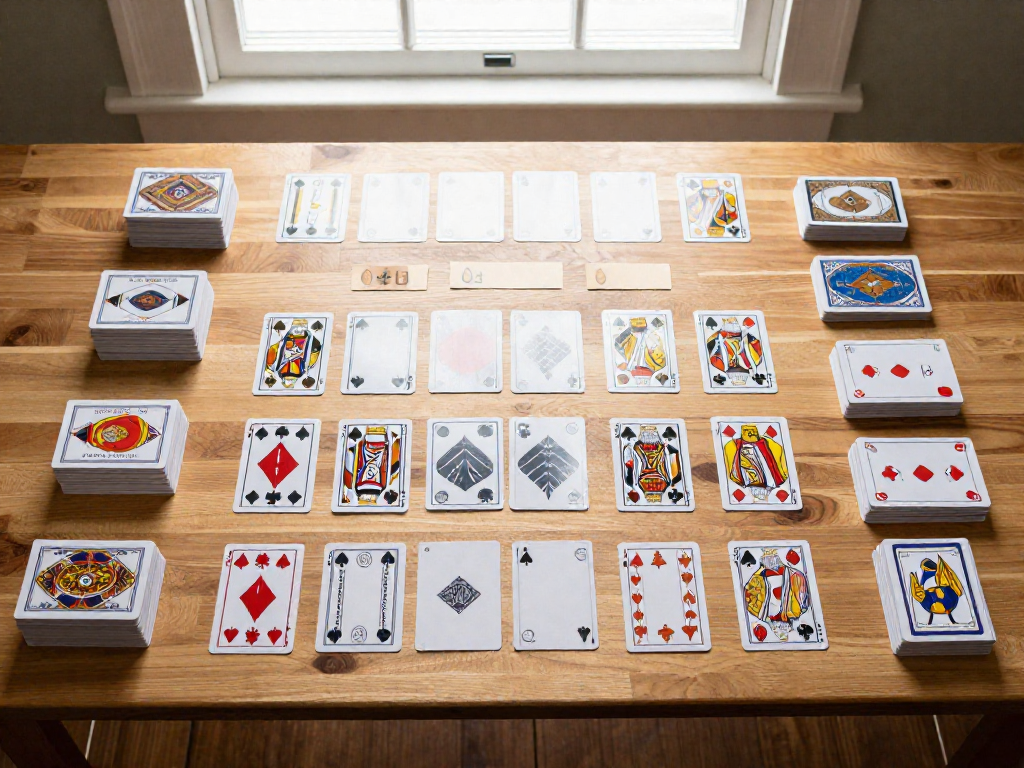Overhead view of a fully set up deck-building card game with labeled supply piles on a wooden table