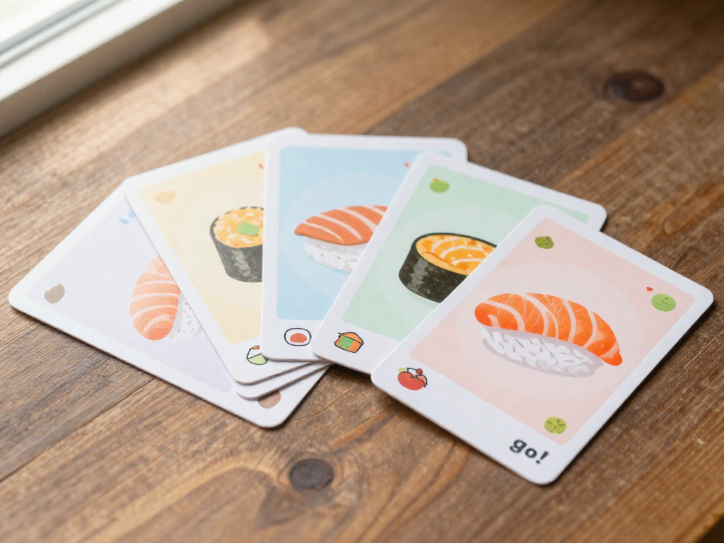 Overhead view of colorful Sushi Go! cards fanned out on a wooden surface.