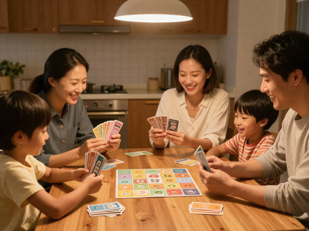 A family of four sitting around a table, smiling and playing the card game Sushi Go!.