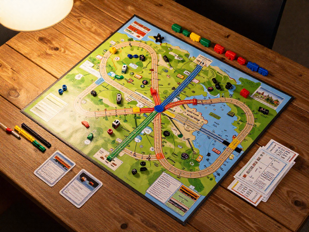 Overhead view of a colorful board game with train routes and plastic train pieces ready for play on a wooden table.