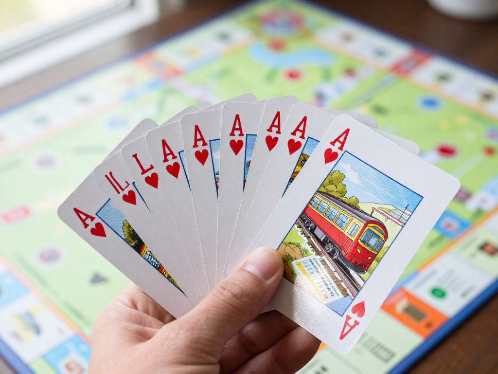 A person's hand holding a spread of colorful train cards and destination tickets from a board game.