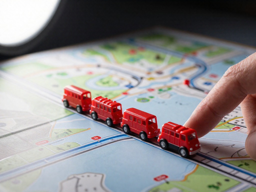 Close-up of a game board with red plastic train cars placed on a route between two cities.