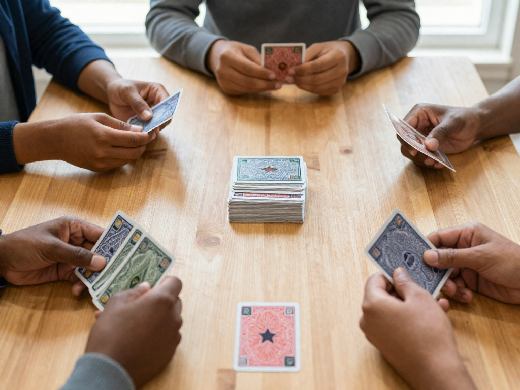 Overhead photo of a player dealing seven cards with a draw pile and starting discard pile on a wooden table