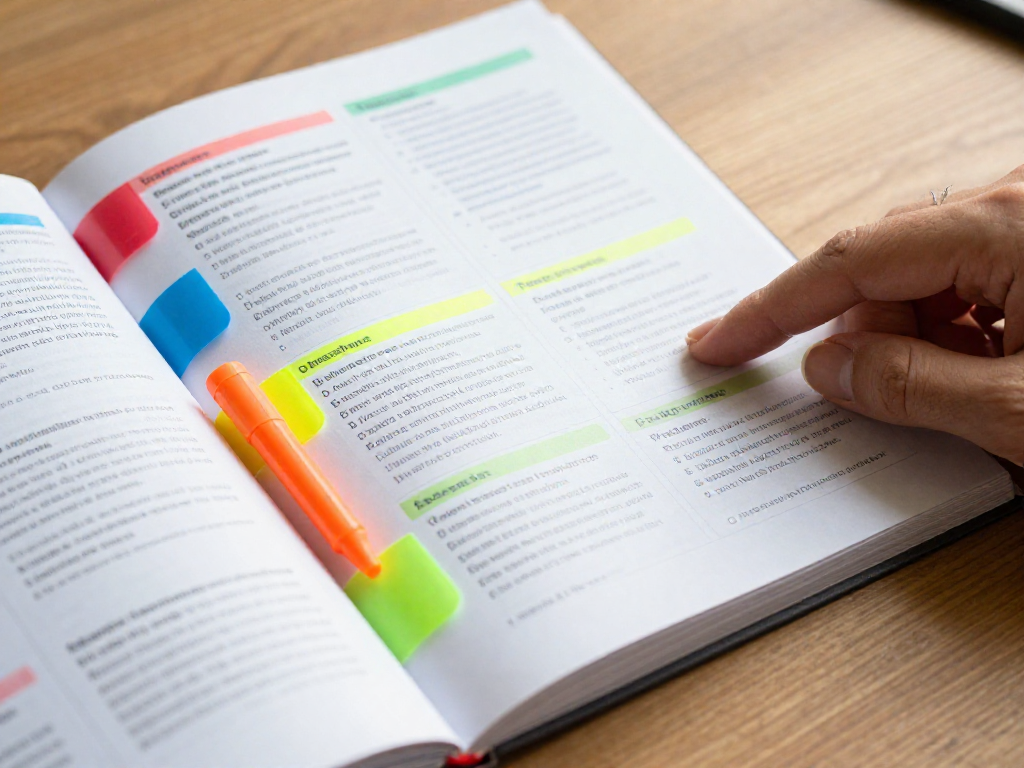 An open board game rulebook with colorful sticky tabs marking different sections and a highlighter pen on the page