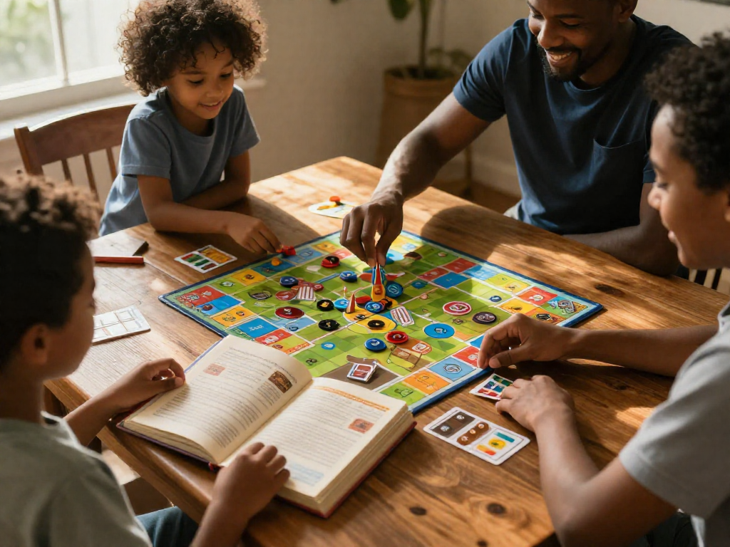 A family sits around a dining table with a board game set up, one person reading the rulebook while others arrange game pieces