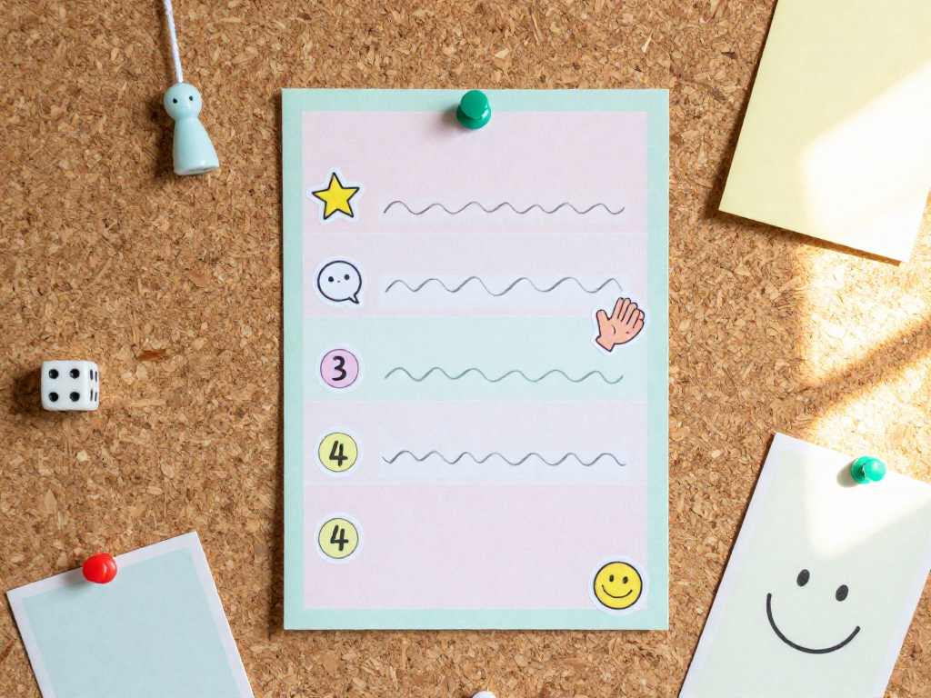 A corkboard with a colorful handwritten checklist pinned to it, surrounded by playful board game pieces and icons, soft lighting.