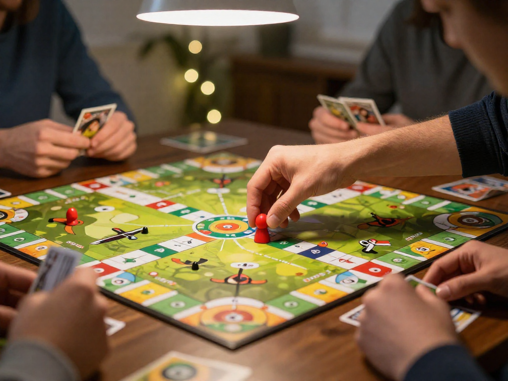 A close-up of hands demonstrating a move on a colorful board game, with a warm lamp overhead and other players out of focus.