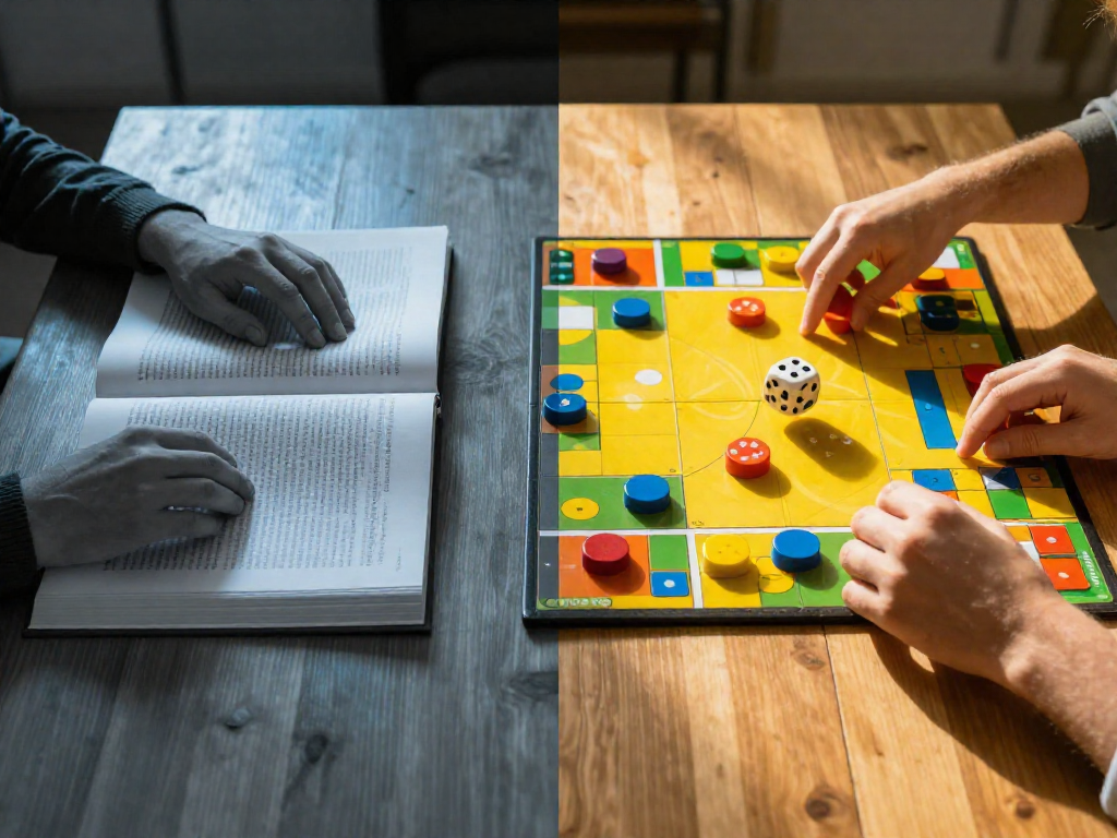 Two scenes side by side; left, a person bored reading a rulebook under dim blue light; right, hands happily moving game pieces in bright, warm light.